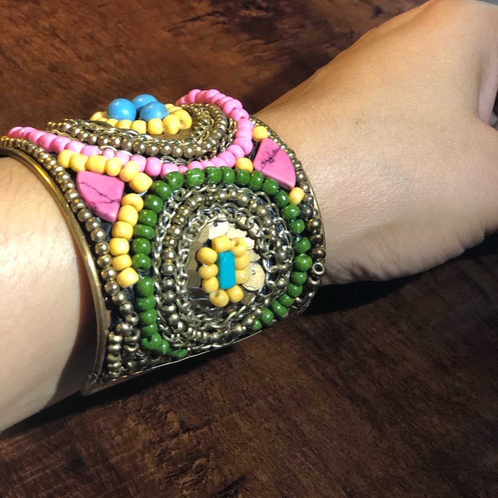 Boho cuff multi colored bead bracelet - Picture 5 of 6